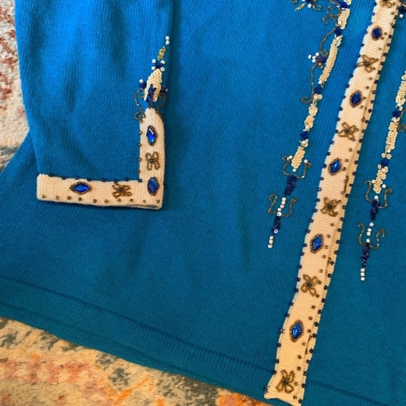 Storybook Knits Ramie & Cotton Blue White Beaded Jeweled Button Down Cardigan 2X - Picture 2 of 9